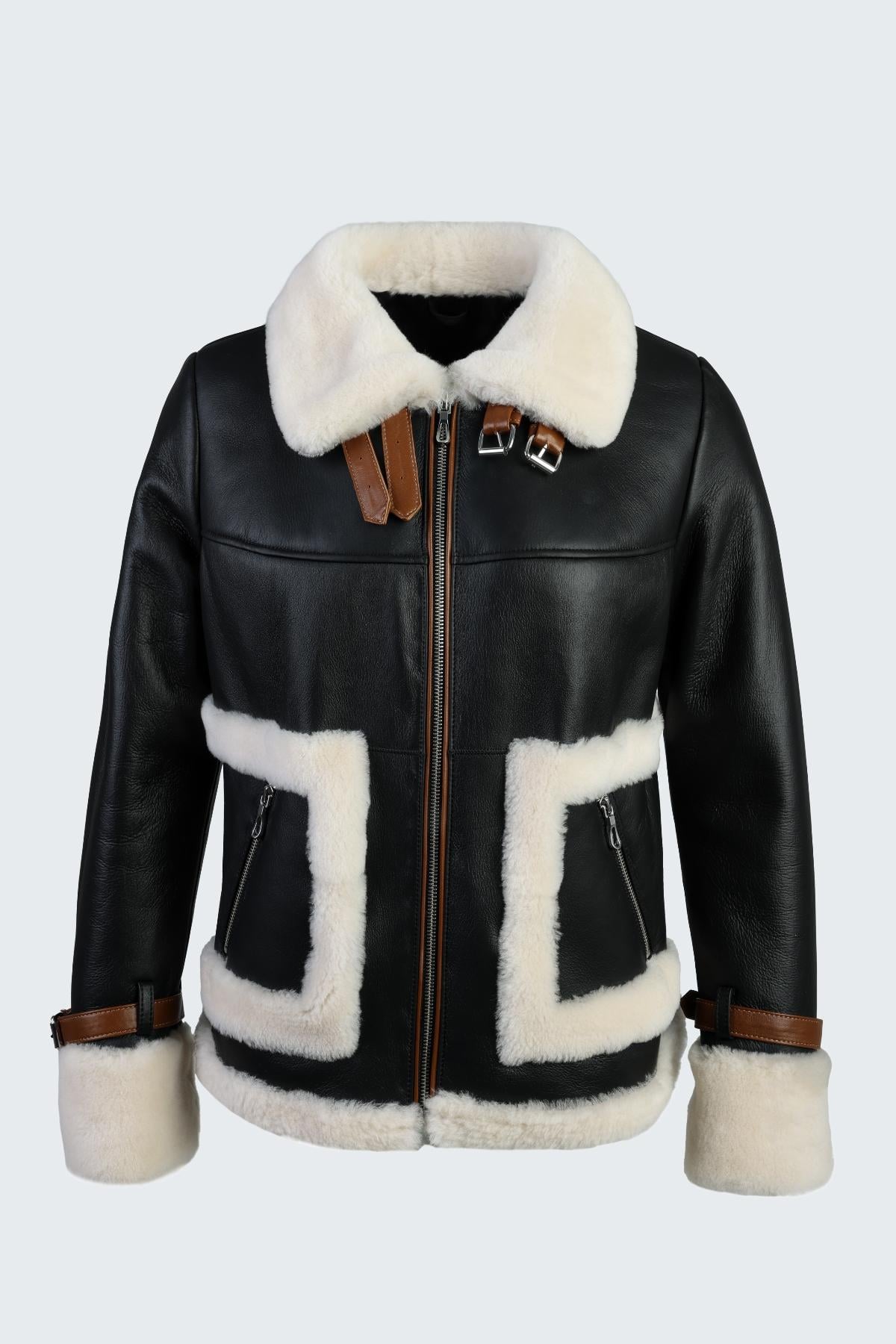  Valmenti Kadın Siyah Hakiki Deri Deri Mont