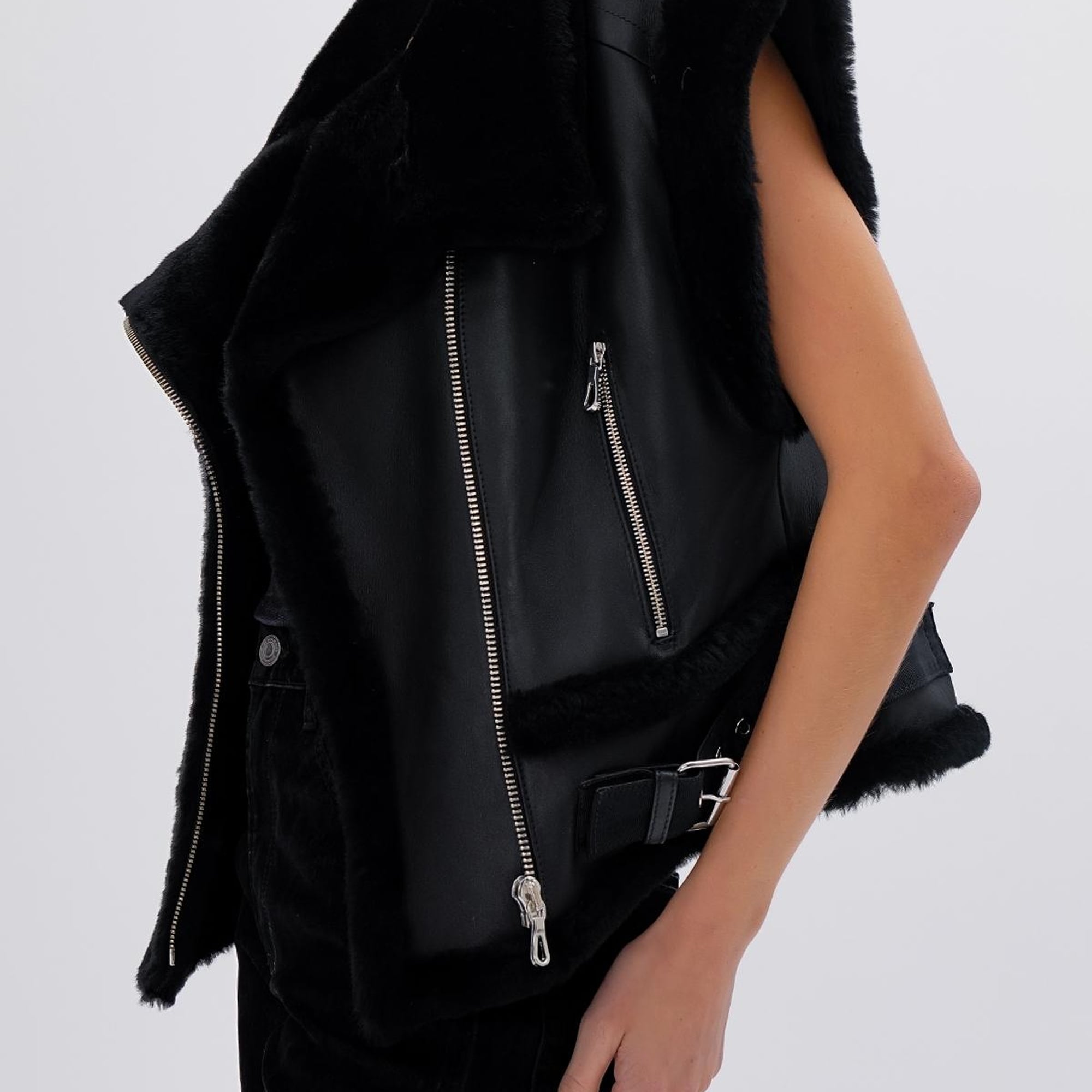 Valmenti Kadın Kürk Siyah Yelek Deri Mont