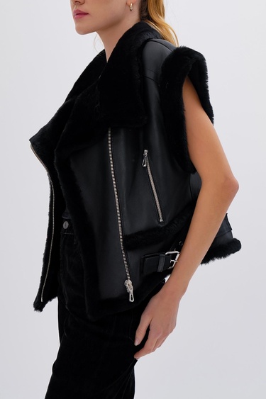  Valmenti Kadın Kürk Siyah Yelek Deri Mont