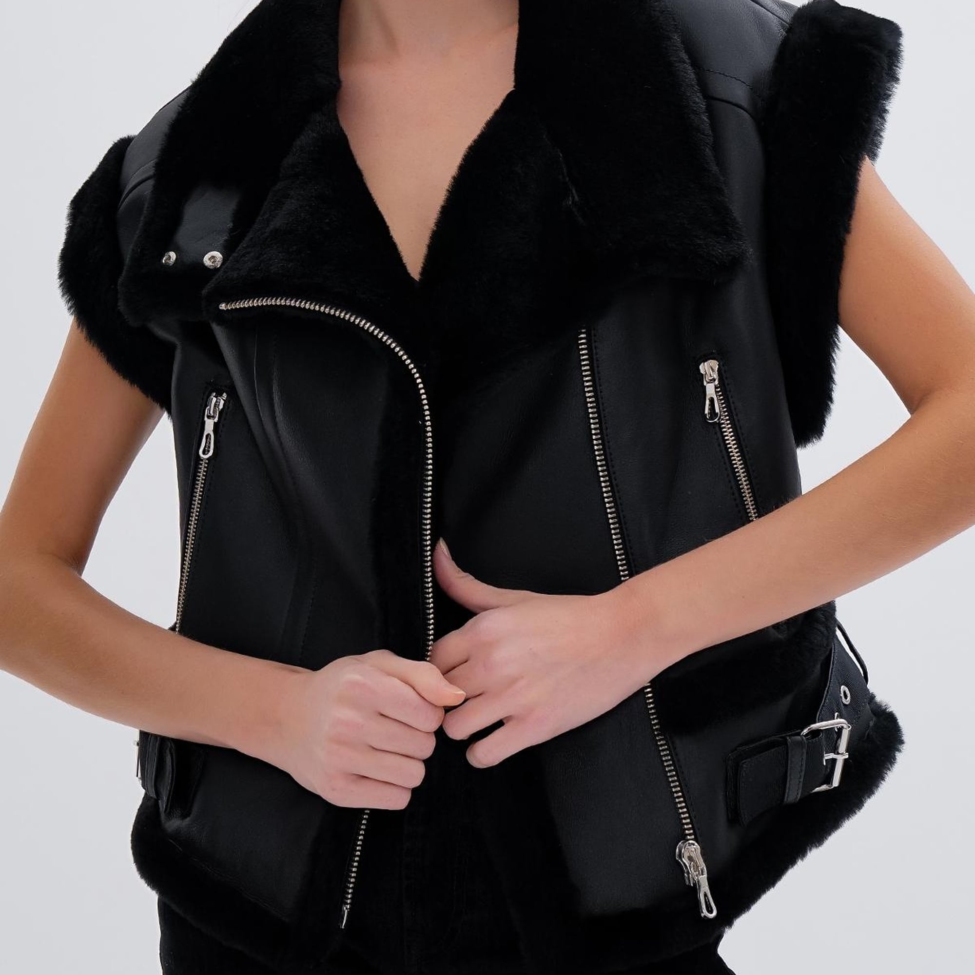 Valmenti Kadın Kürk Siyah Yelek Deri Mont