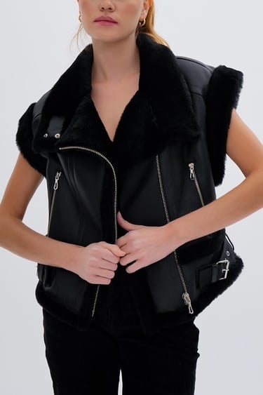  Valmenti Kadın Kürk Siyah Yelek Deri Mont