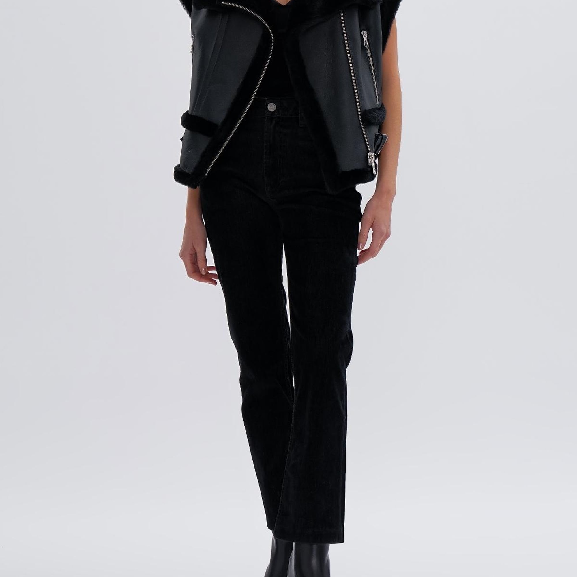 Valmenti Kadın Kürk Siyah Yelek Deri Mont