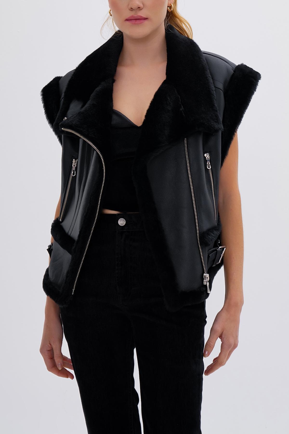  Valmenti Kadın Kürk Siyah Yelek Deri Mont