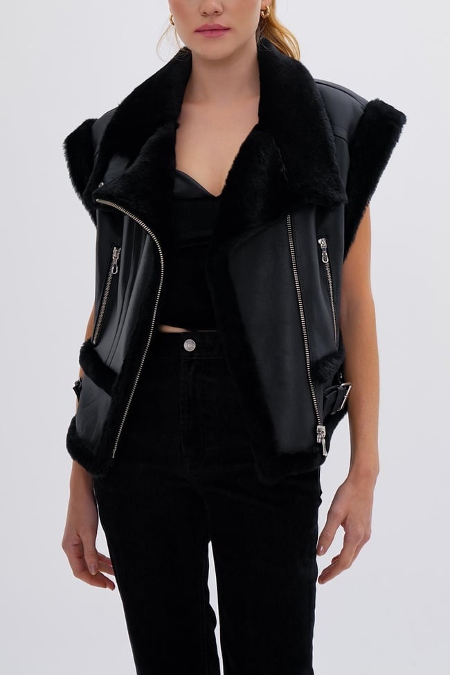  Valmenti Kadın Kürk Siyah Yelek Deri Mont