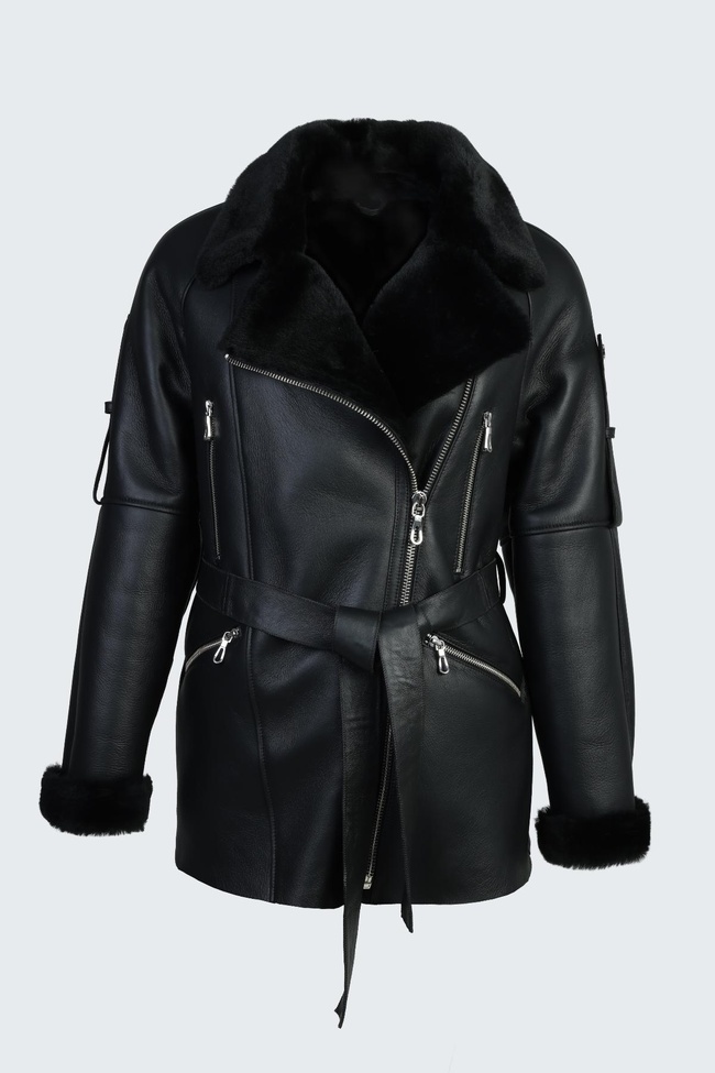  Valmenti Kadın Siyah Hakiki Deri Deri Mont