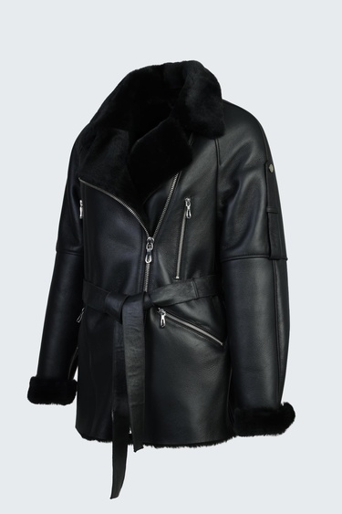  Valmenti Kadın Siyah Hakiki Deri Deri Mont