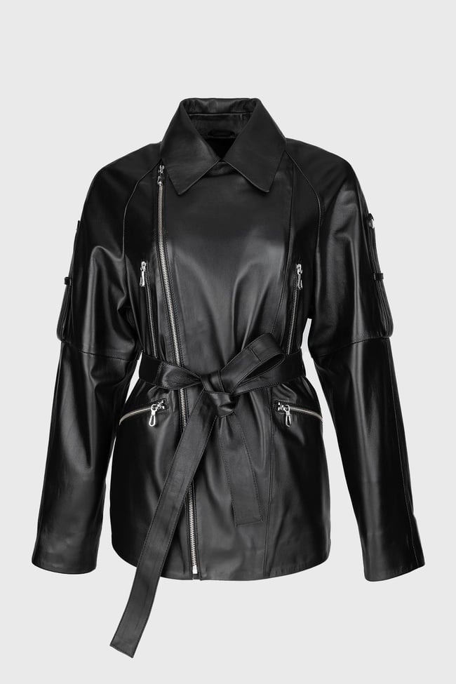  Valmenti Kadın Siyah Hakiki Deri Deri Mont