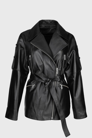  Valmenti Kadın Siyah Hakiki Deri Deri Mont