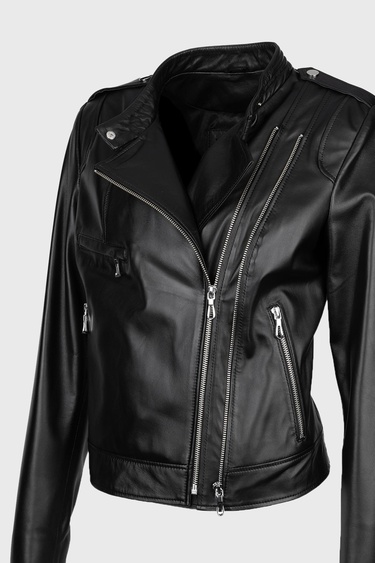  Valmenti Kadın Siyah Hakiki Deri Deri Mont