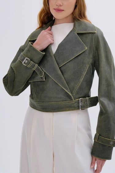  Valmenti Kadın Hakiki Deri Olive Deri Mont