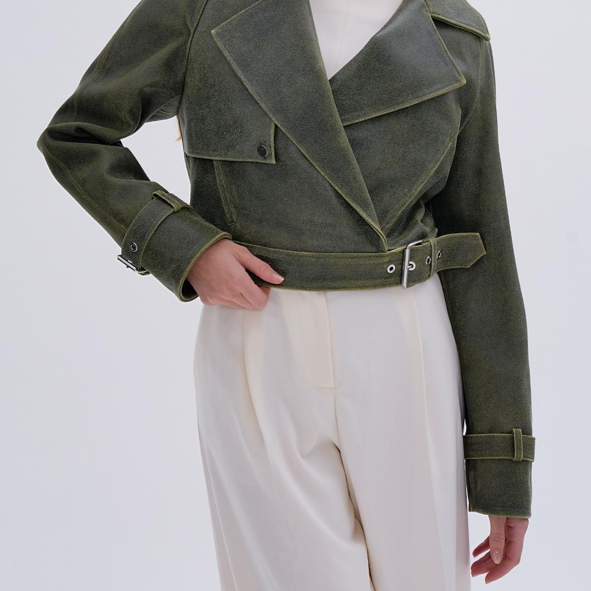 Valmenti Kadın Hakiki Deri Olive Deri Mont