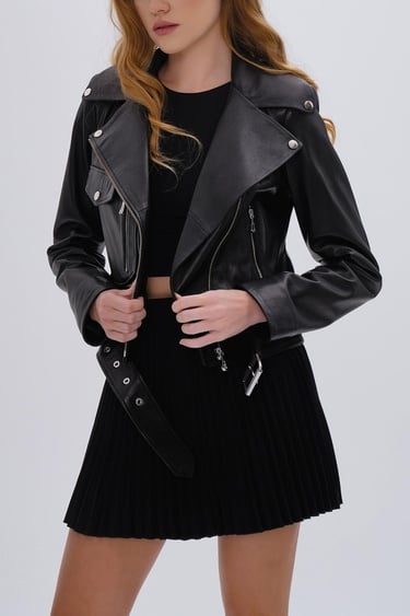  Valmenti Kadın Hakiki Deri Siyah Deri Mont