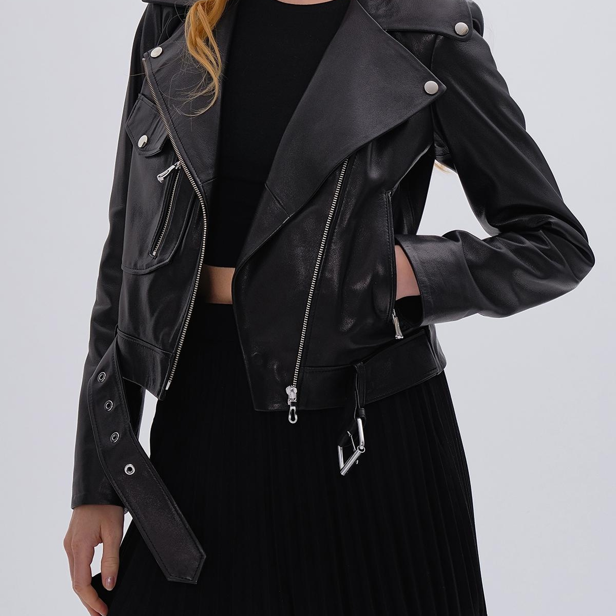 Valmenti Kadın Hakiki Deri Siyah Deri Mont