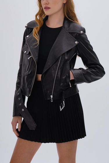  Valmenti Kadın Hakiki Deri Siyah Deri Mont