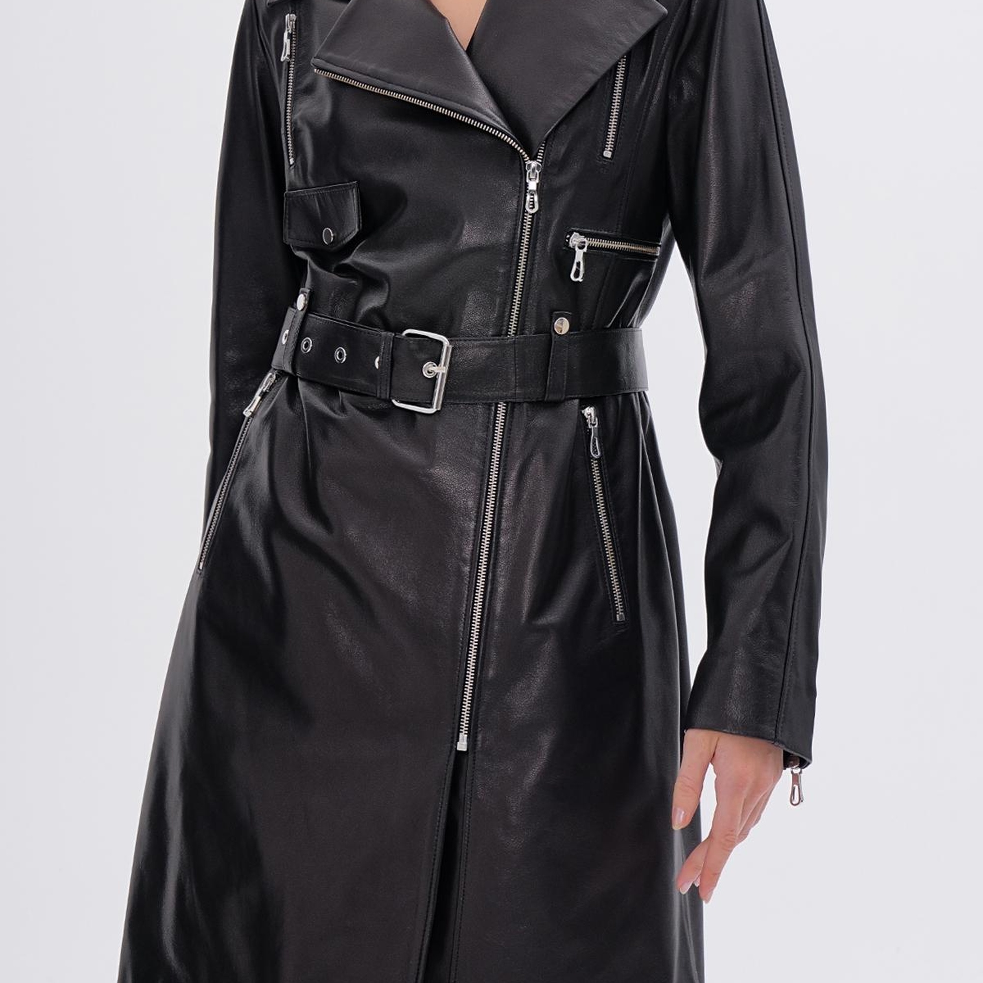 Valmenti Kadın Hakiki Deri Siyah Deri Deri Mont