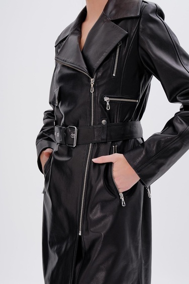  Valmenti Kadın Hakiki Deri Siyah Deri Deri Mont