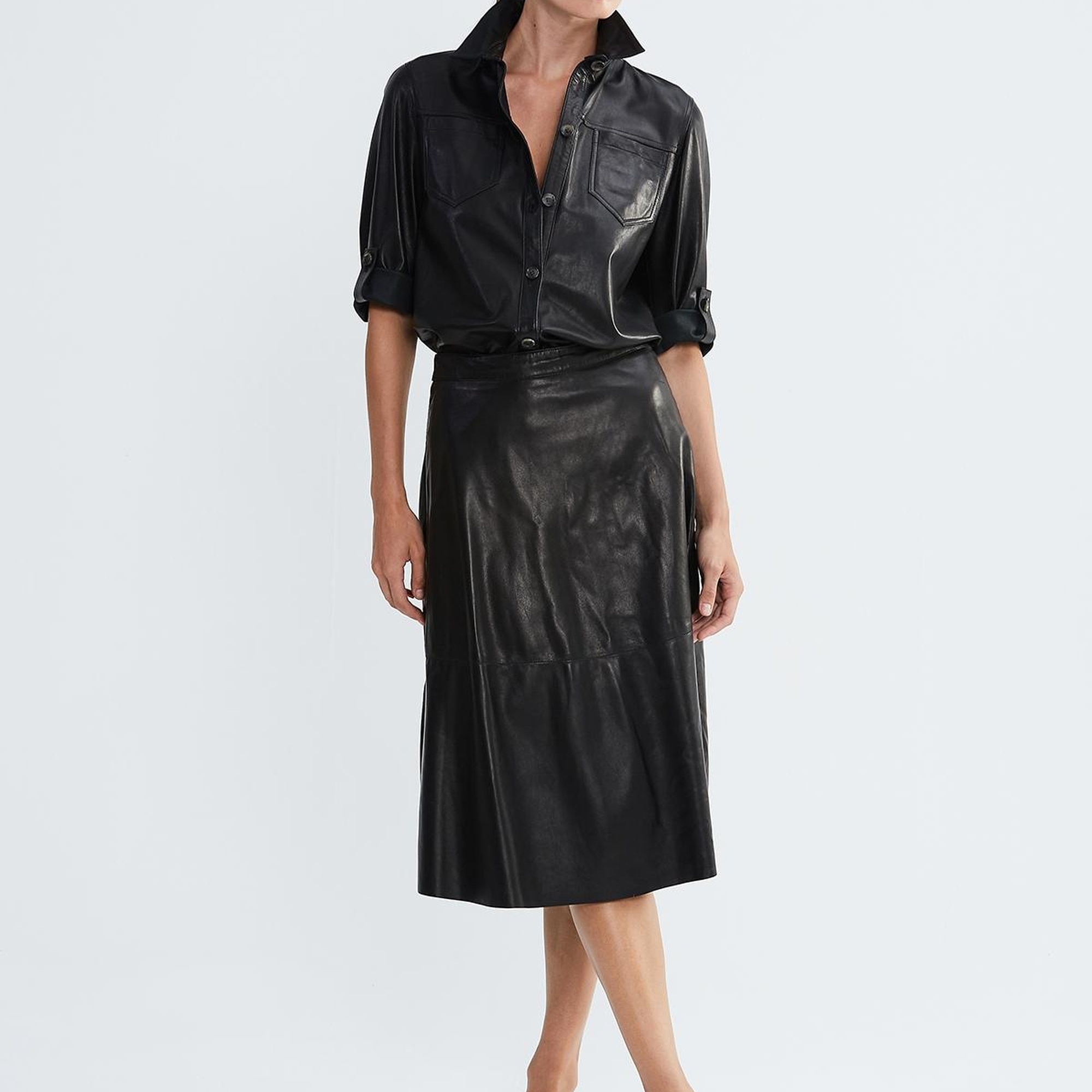 Valmenti Kadın Siyah Hakiki Deri Deri Gömlek