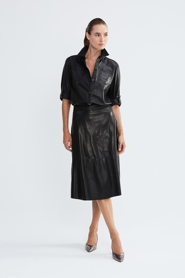  Valmenti Kadın Siyah Hakiki Deri Deri Gömlek