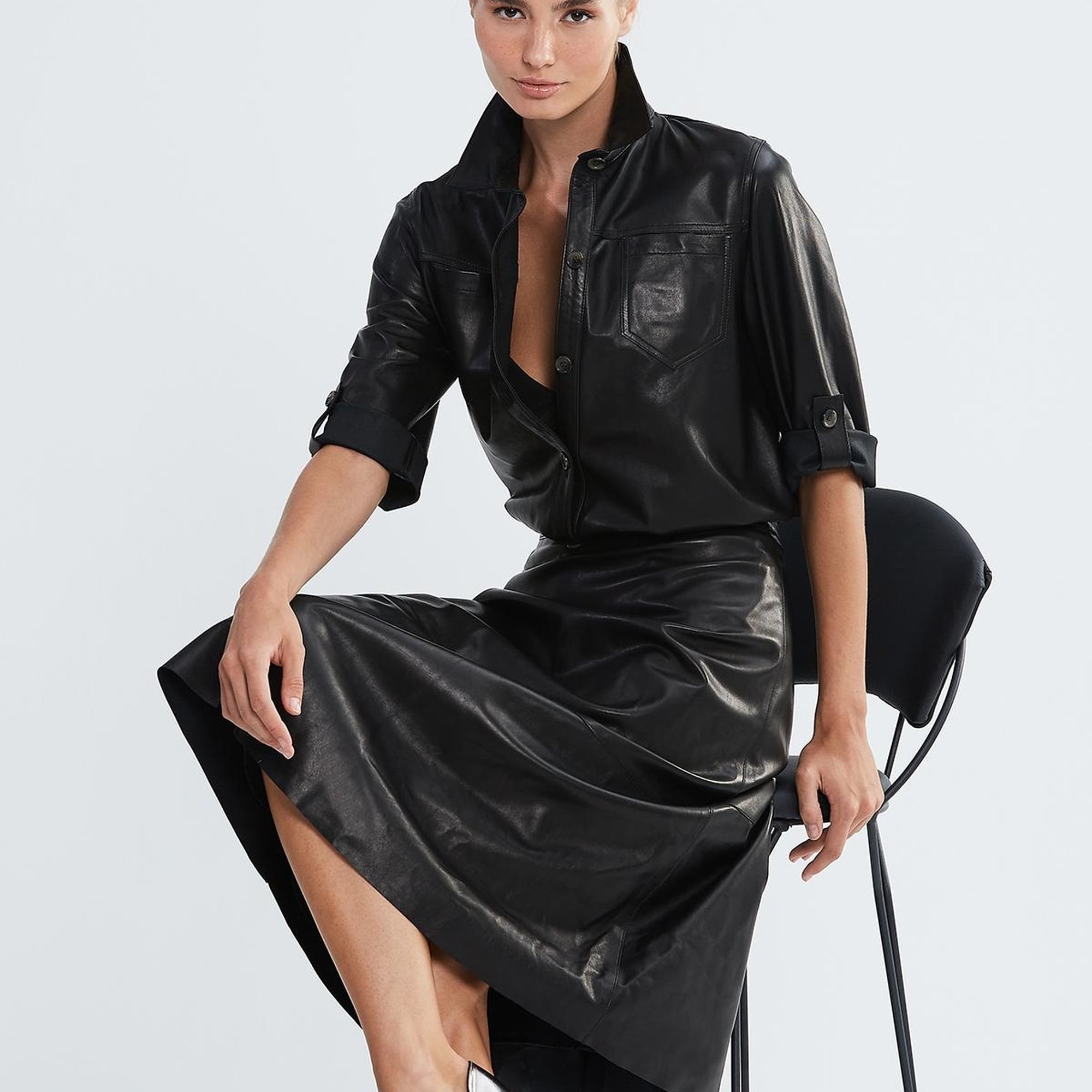 Valmenti Kadın Siyah Hakiki Deri Deri Gömlek