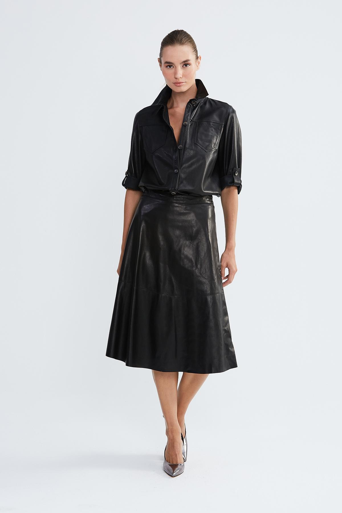  Valmenti Kadın Siyah Hakiki Deri Deri Gömlek