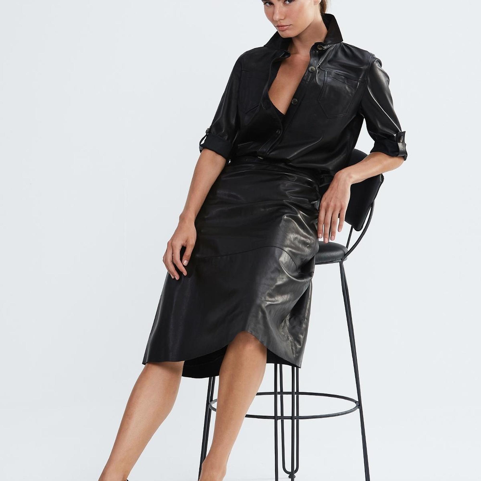 Valmenti Kadın Siyah Hakiki Deri Deri Gömlek