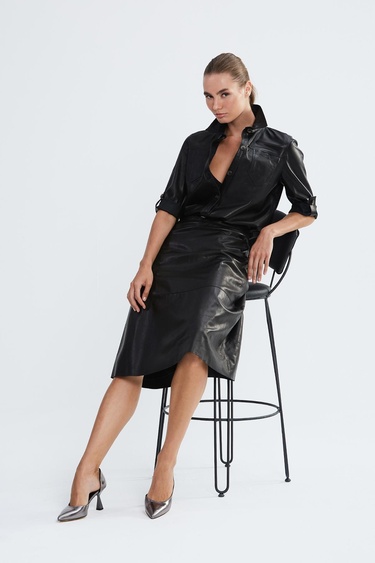  Valmenti Kadın Siyah Hakiki Deri Deri Gömlek