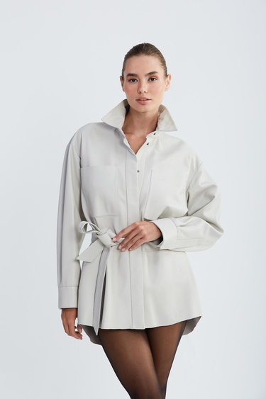  Valmenti Kadın Kırık Beyaz Hakiki Deri Deri Gömlek