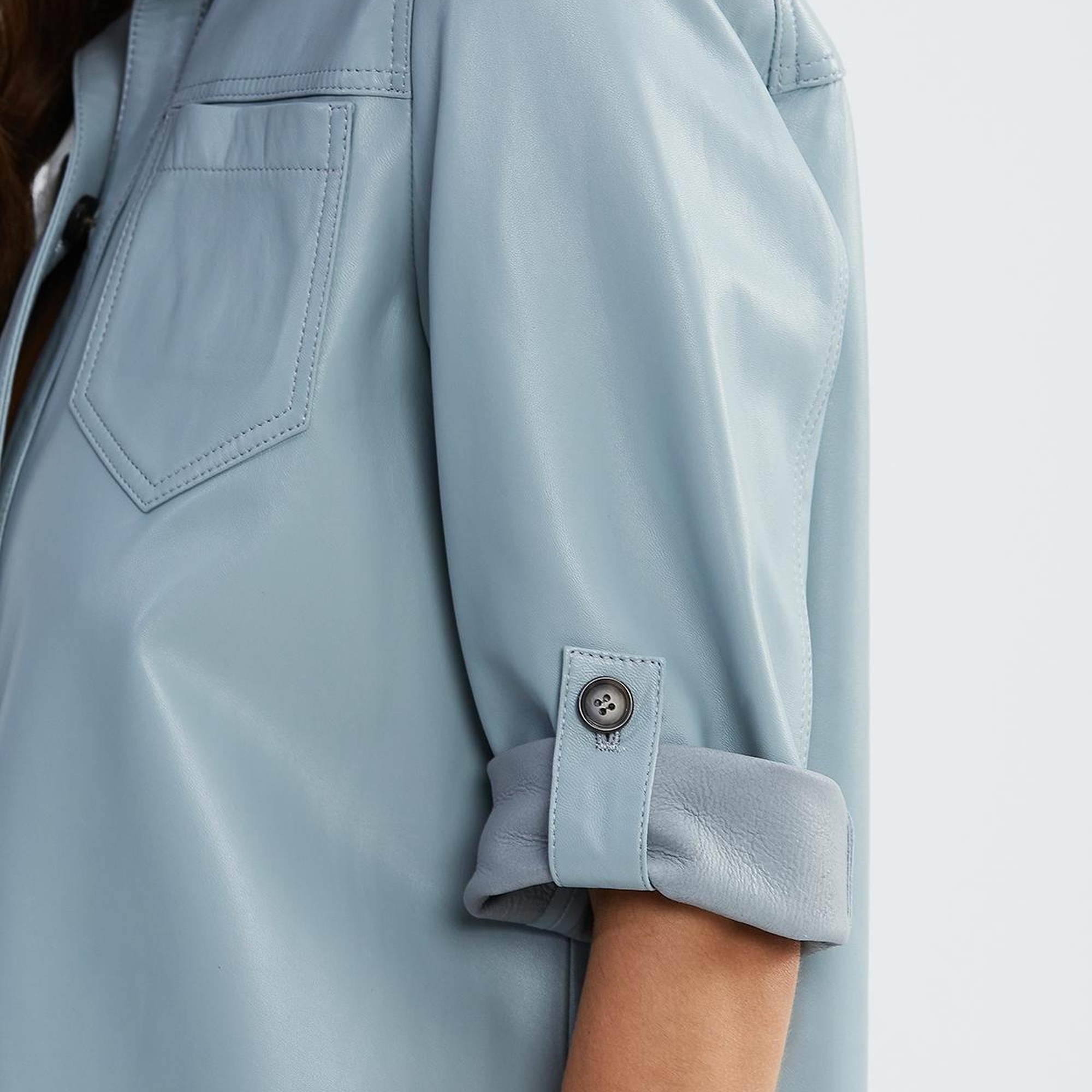 Valmenti Kadın Gümüş Metalik Hakiki Deri Deri Gömlek