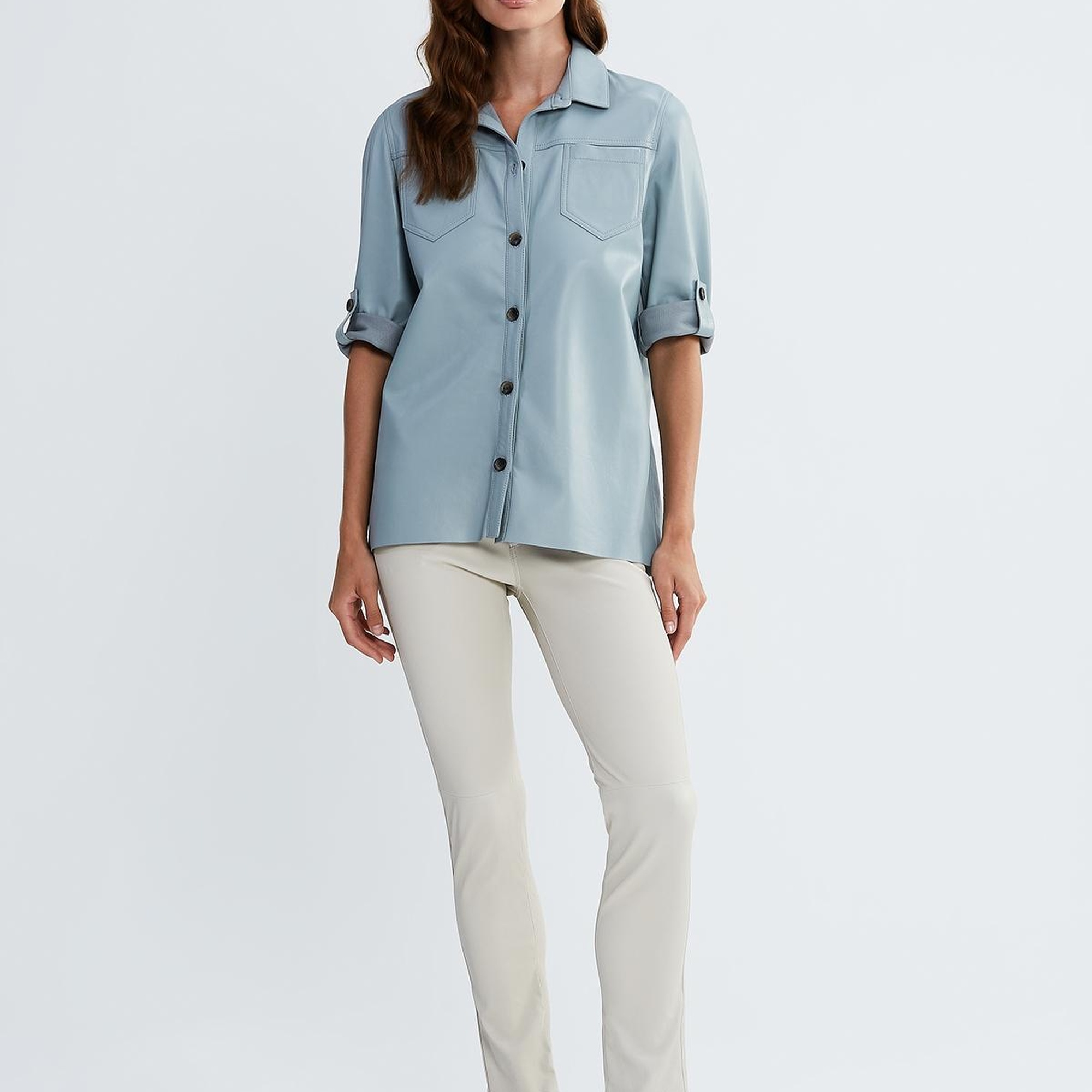 Valmenti Kadın Gümüş Metalik Hakiki Deri Deri Gömlek