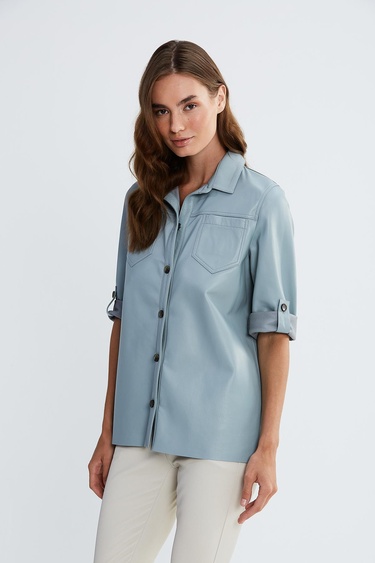  Valmenti Kadın Gümüş Metalik Hakiki Deri Deri Gömlek