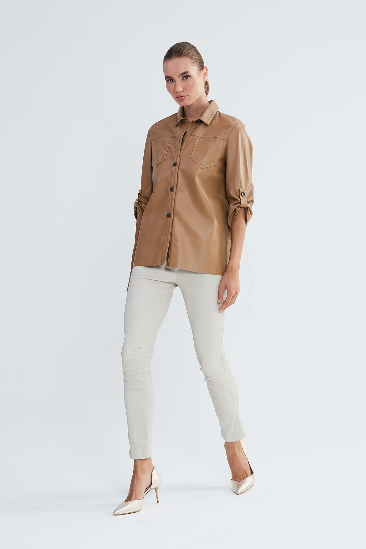  Valmenti Kadın Bej Hakiki Deri Deri Gömlek