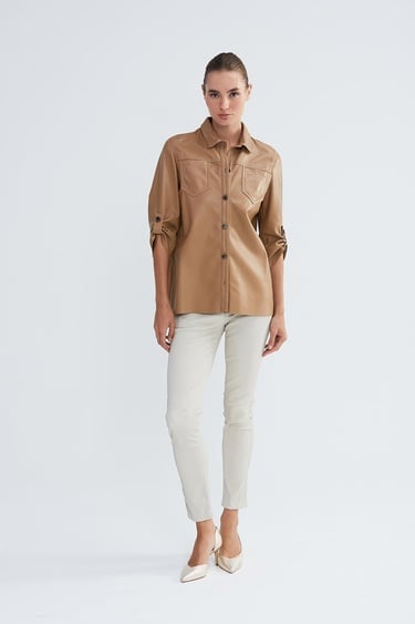  Valmenti Kadın Bej Hakiki Deri Deri Gömlek