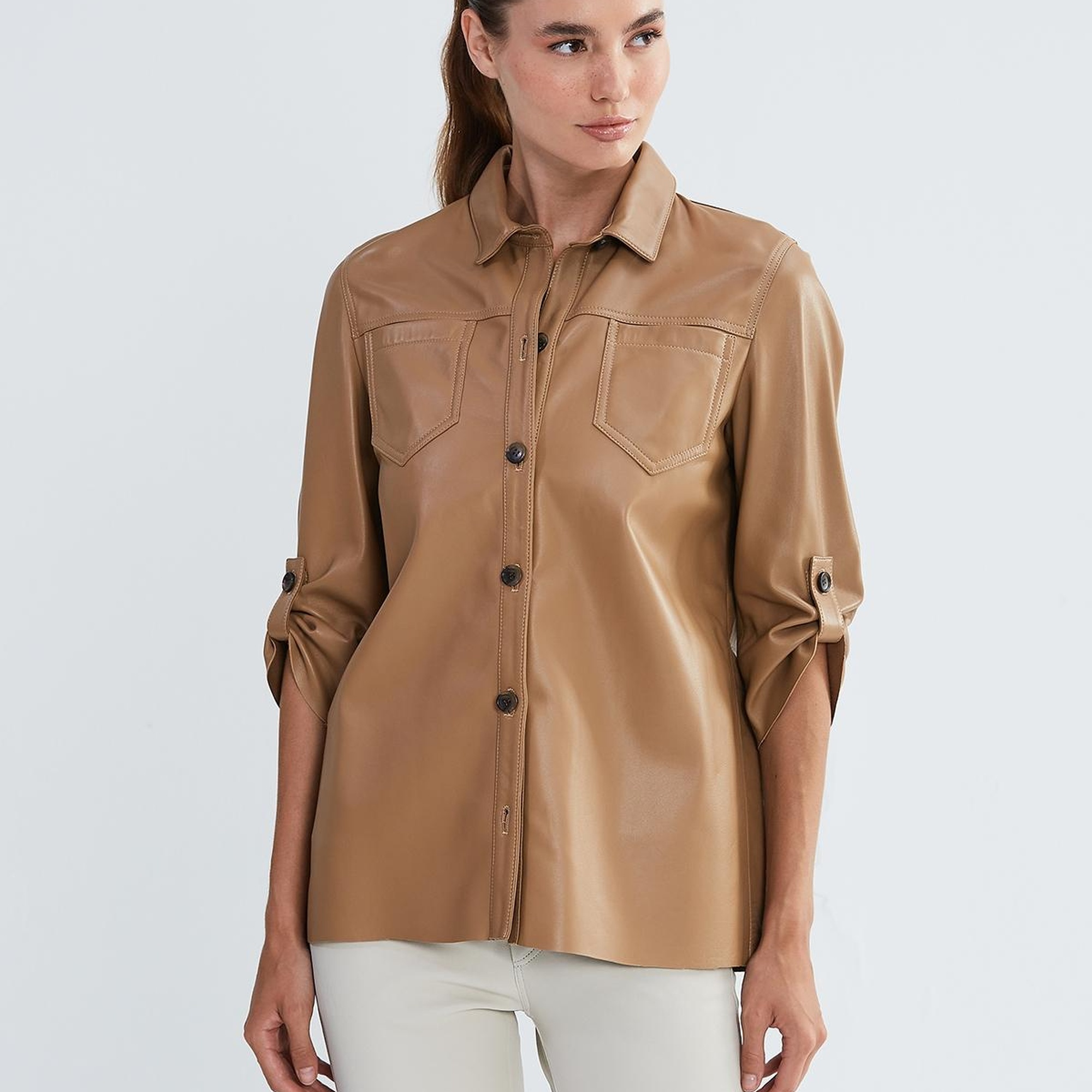 Valmenti Kadın Bej Hakiki Deri Deri Gömlek