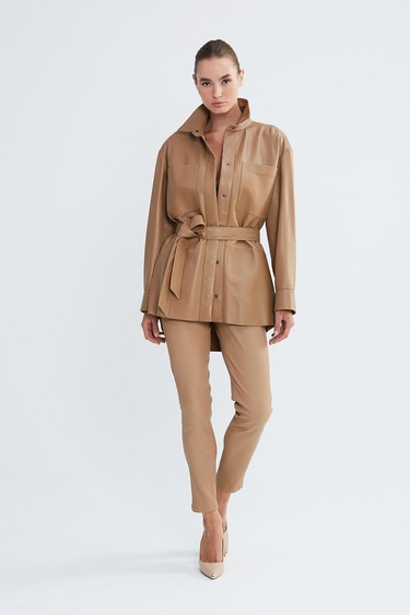  Valmenti Kadın Bej Hakiki Deri Deri Gömlek