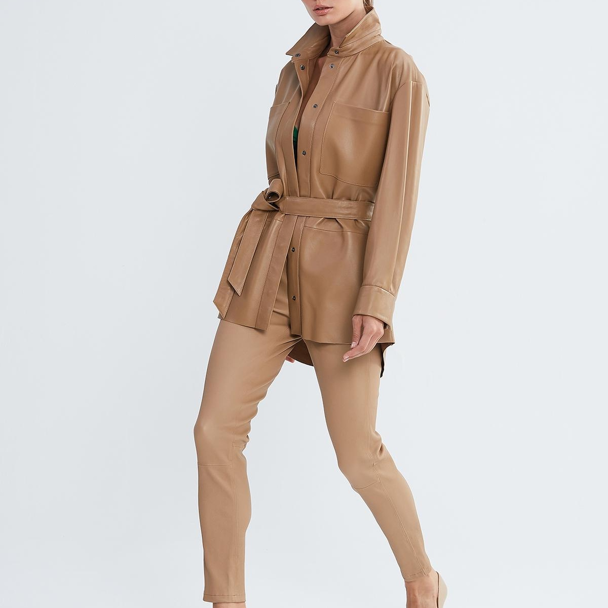 Valmenti Kadın Bej Hakiki Deri Deri Gömlek