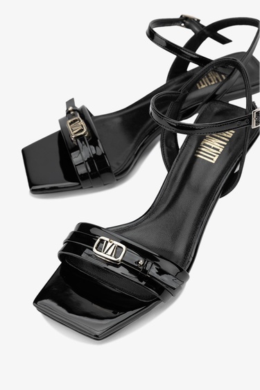  Valmenti Oro Kadın Siyah Rugan Hakiki Deri Topuklu Sandalet