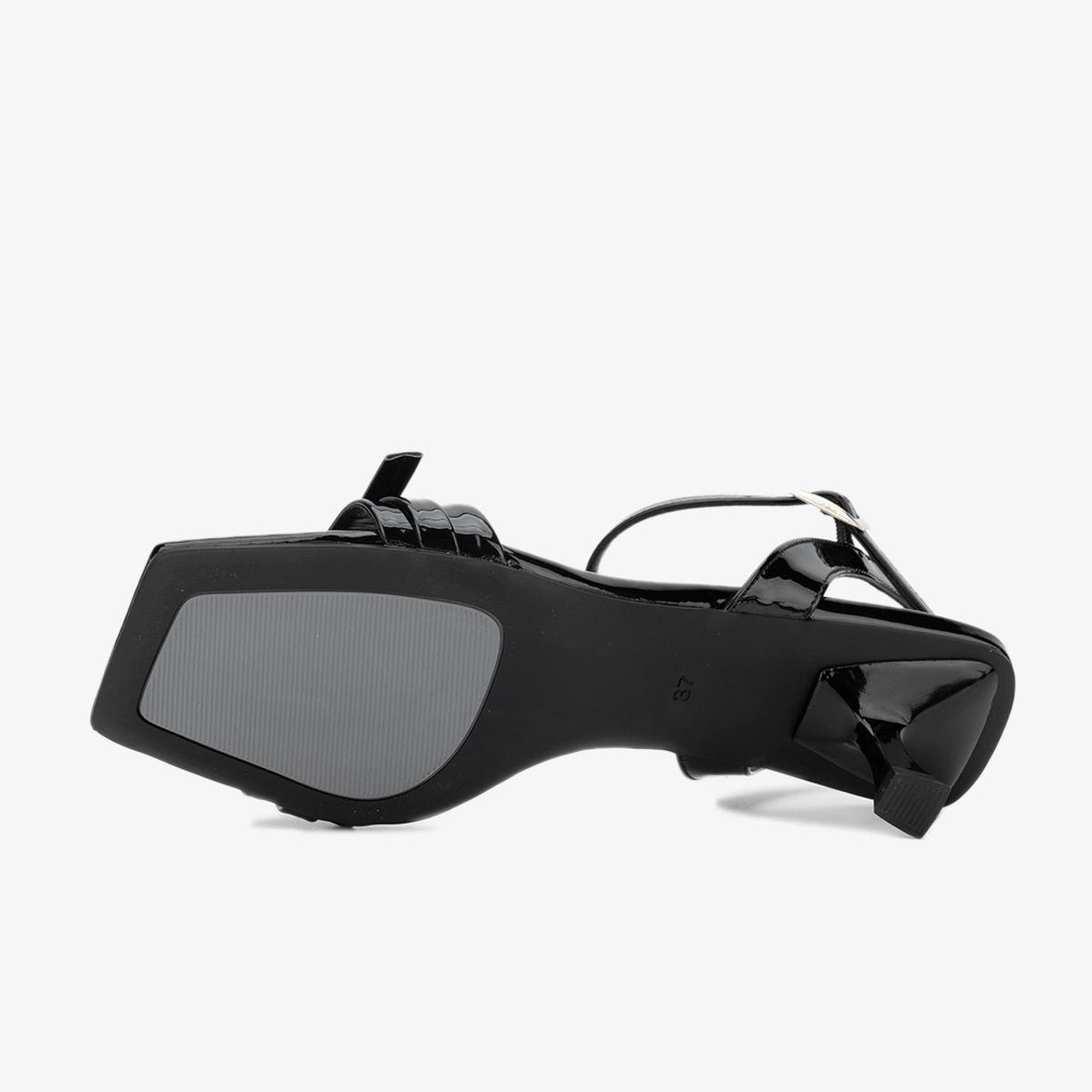 Valmenti Oro Kadın Siyah Rugan Hakiki Deri Topuklu Sandalet