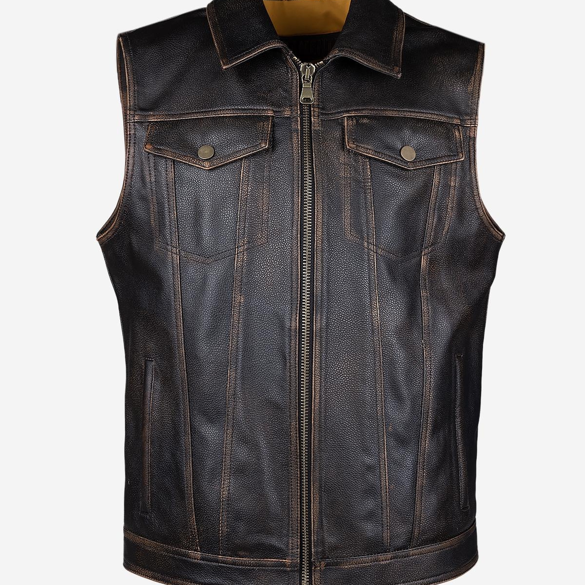 Valmenti Erkek Hakiki Deri Kızıl Eskitme Yelek Deri Mont