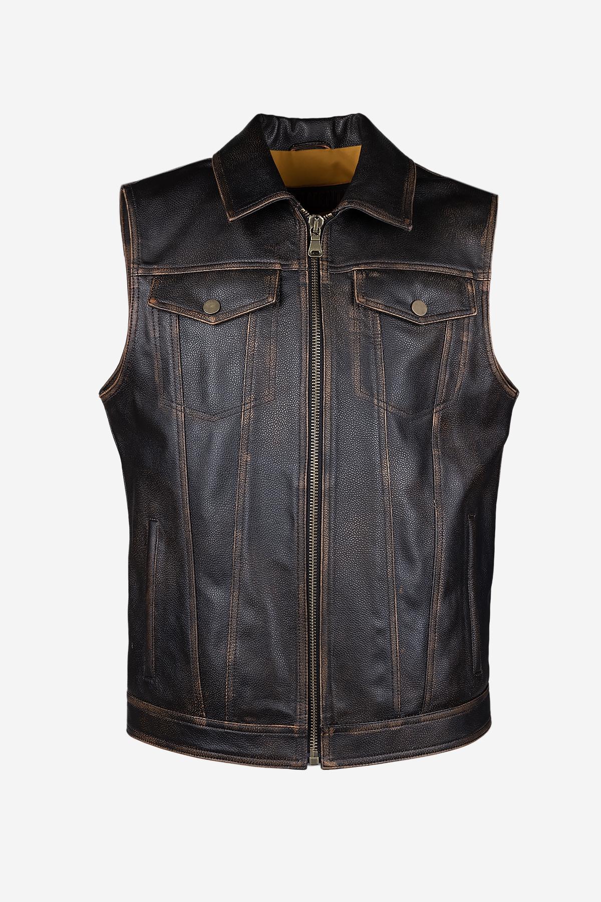  Valmenti Erkek Hakiki Deri Kızıl Eskitme Yelek Deri Mont