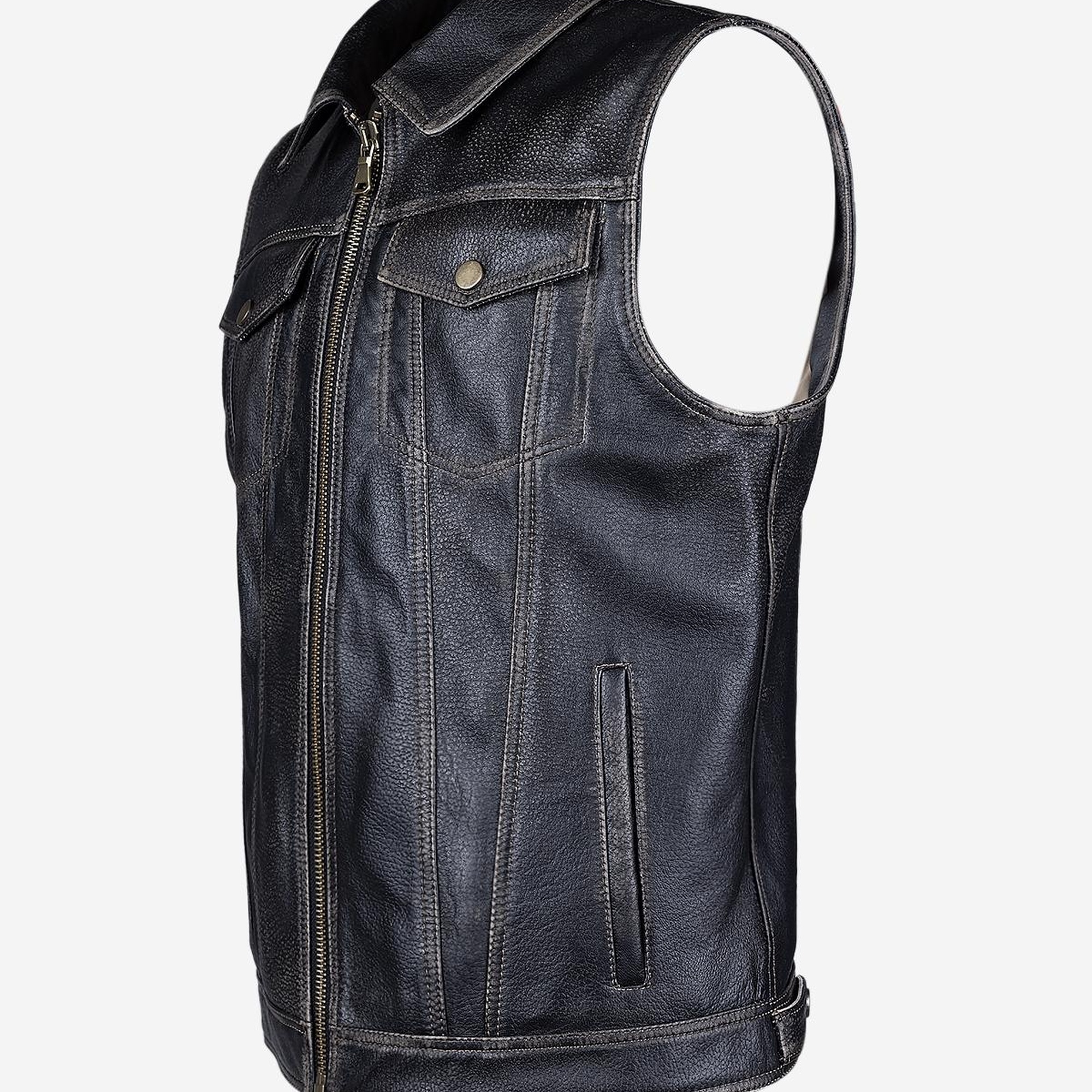 Valmenti Erkek Hakiki Deri Siyah Eskitme Yelek Deri Mont