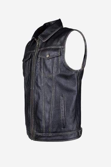  Valmenti Erkek Hakiki Deri Siyah Eskitme Yelek Deri Mont