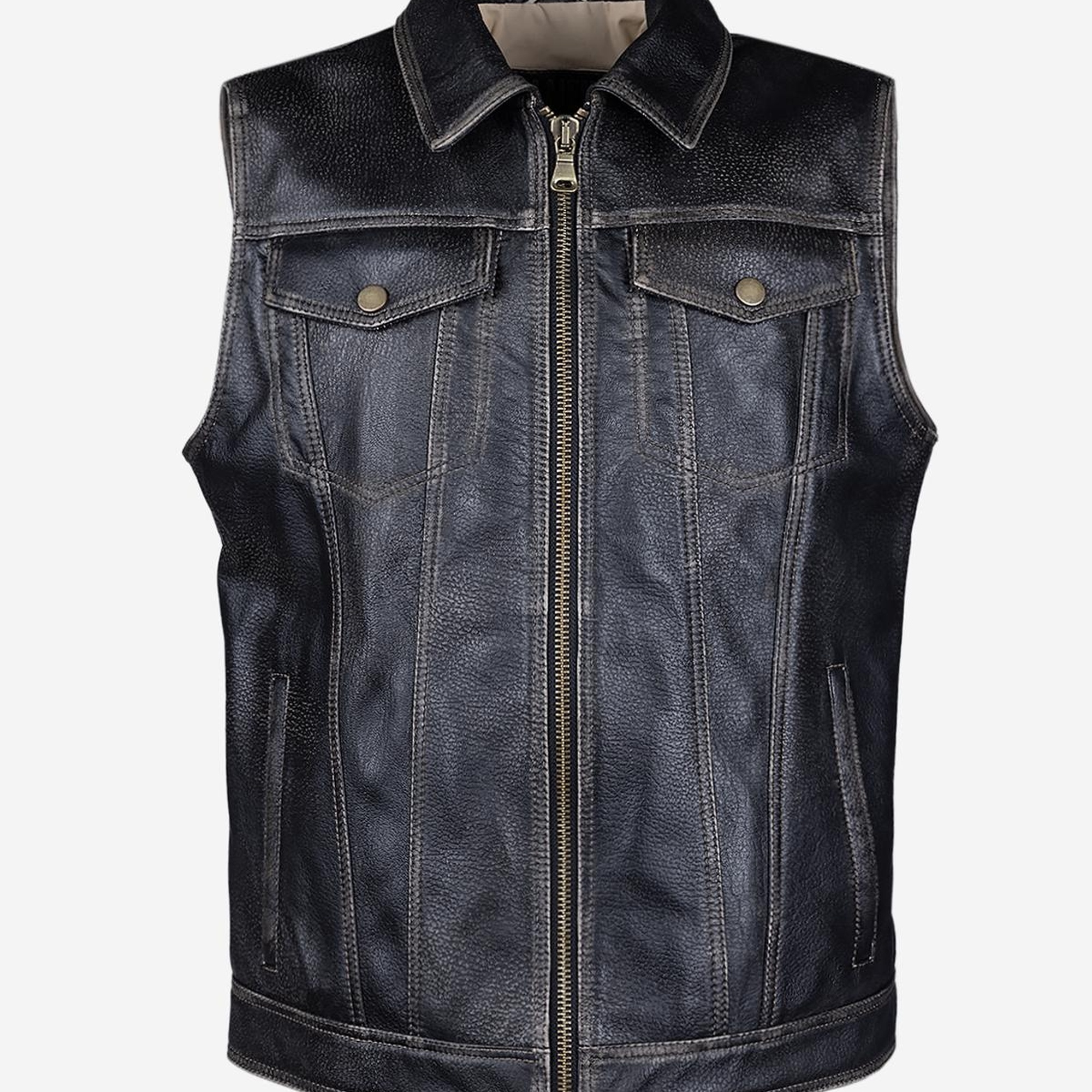 Valmenti Erkek Hakiki Deri Siyah Eskitme Yelek Deri Mont