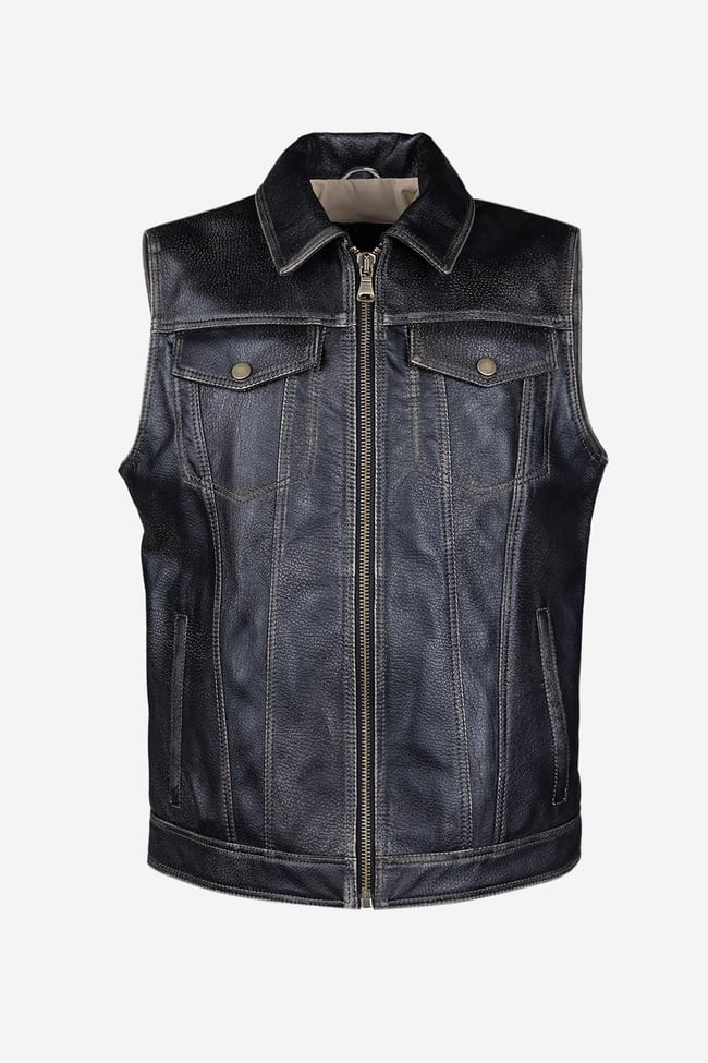  Valmenti Erkek Hakiki Deri Siyah Eskitme Yelek Deri Mont