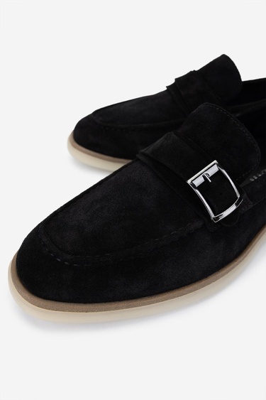  Valmenti Erkek Hakiki Deri Siyah Süet Loafer Ayakkabı