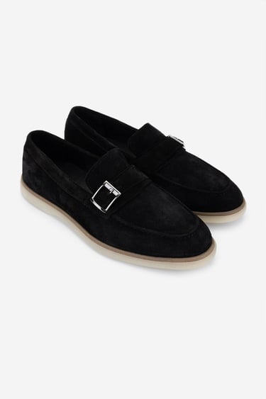  Valmenti Erkek Hakiki Deri Siyah Süet Loafer Ayakkabı