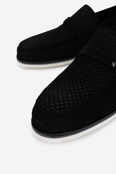  Valmenti Erkek Hakiki Deri Siyah Süet Loafer Ayakkabı