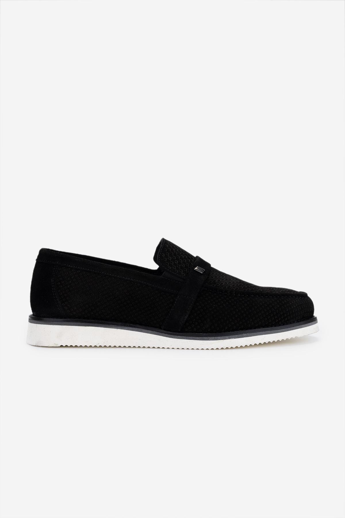  Valmenti Erkek Hakiki Deri Siyah Süet Loafer Ayakkabı