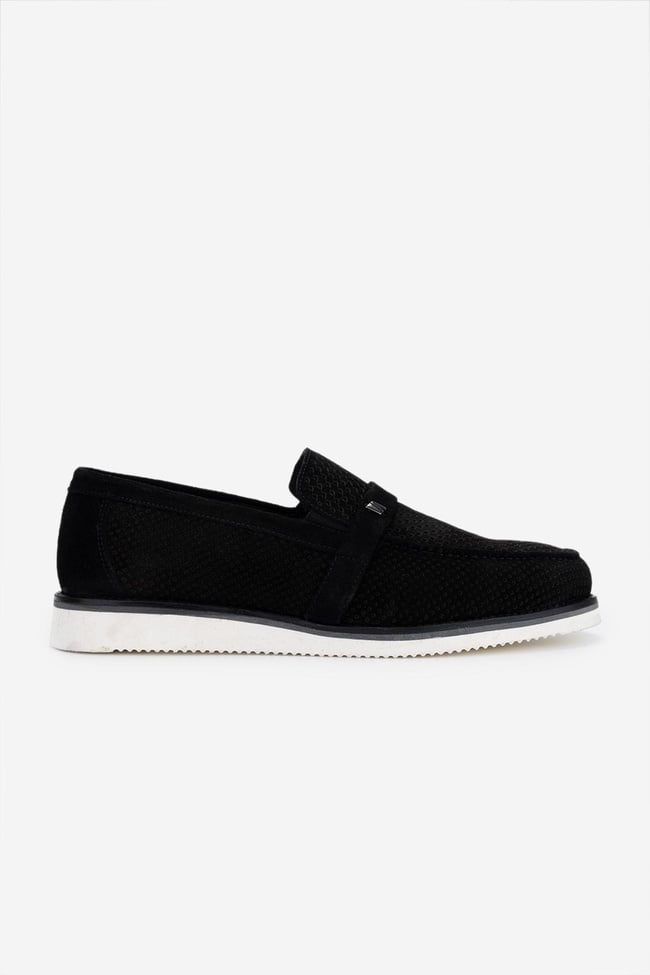  Valmenti Erkek Hakiki Deri Siyah Süet Loafer Ayakkabı