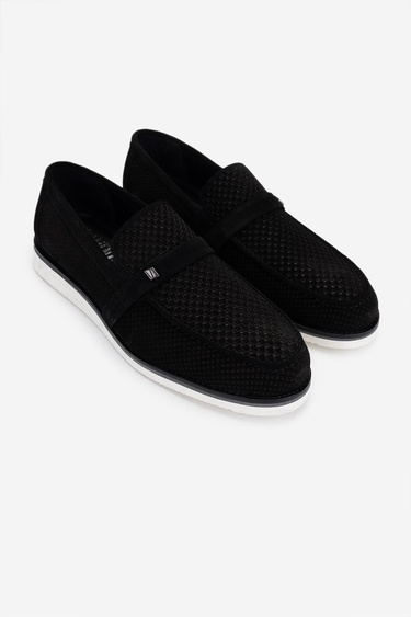  Valmenti Erkek Hakiki Deri Siyah Süet Loafer Ayakkabı