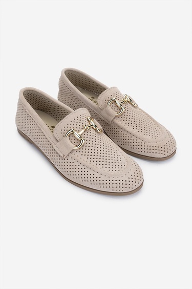  Valmenti Kadın Hakiki Deri Bej Süet Loafer Ayakkabı